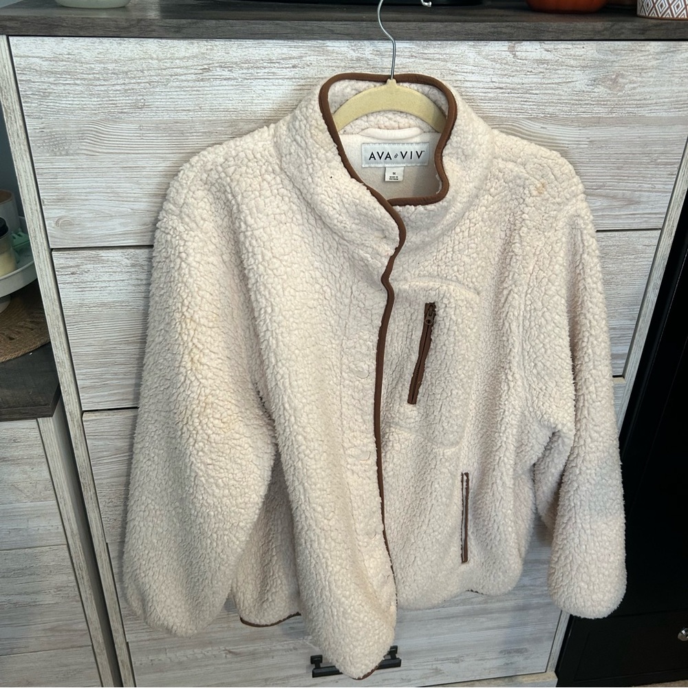 Ava Viv Sherpa Beige Jacket Waist Length Snap Close Mock Neck Womens Plus 1X - Picture 2 of 5